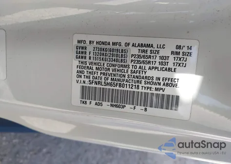 2015 Honda Odyssey Ex-L from USA, damaged, VIN 5FNRL5H65FB011218